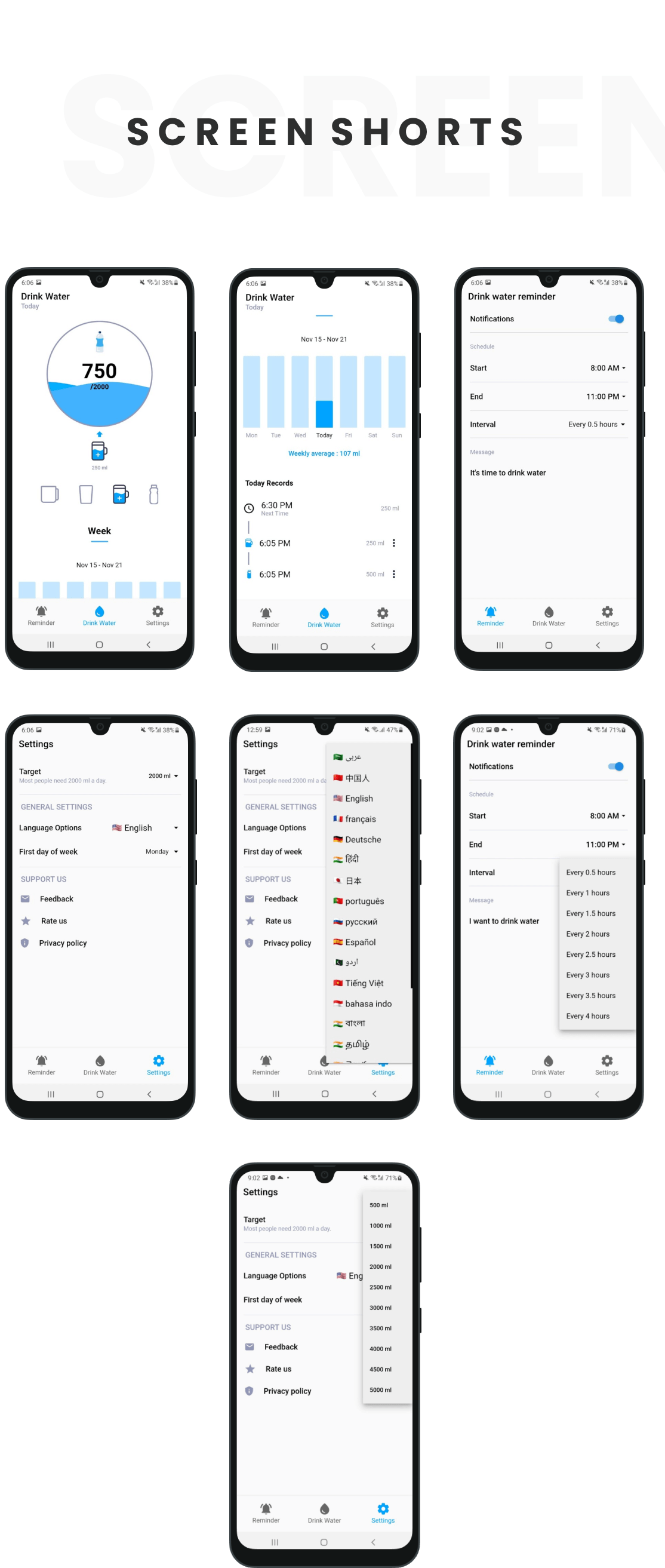 Drinking Water Reminder - Flutter Android & iOS App (40 Languages)