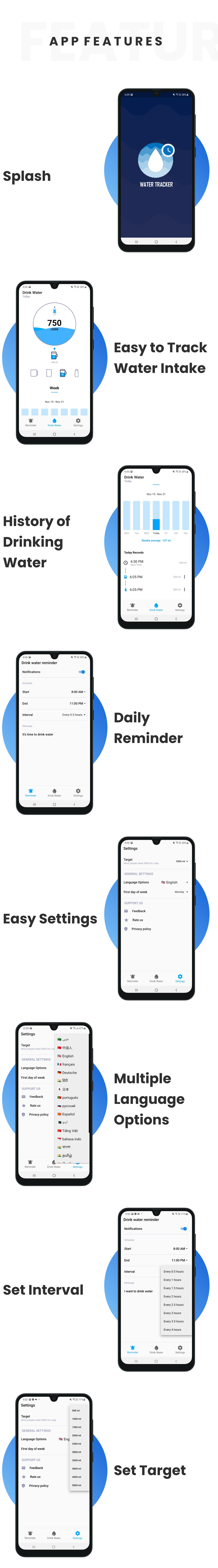 Drinking Water Reminder - Flutter Android & iOS App (40 Languages)