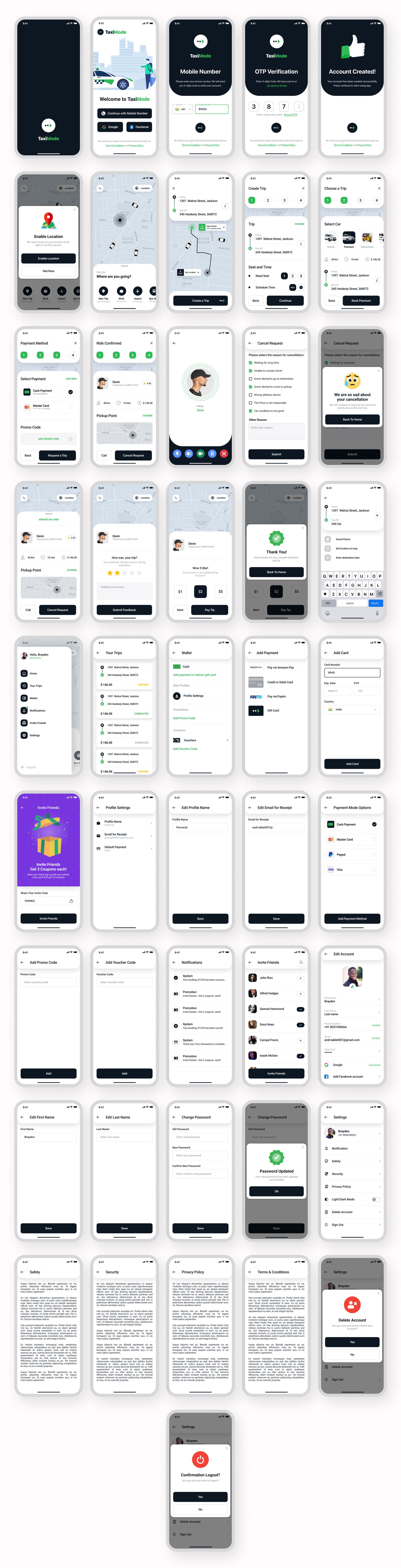 TaxiMode | Adobe XD - Taxi Booking UI Kit for App + Light & Dark Mode