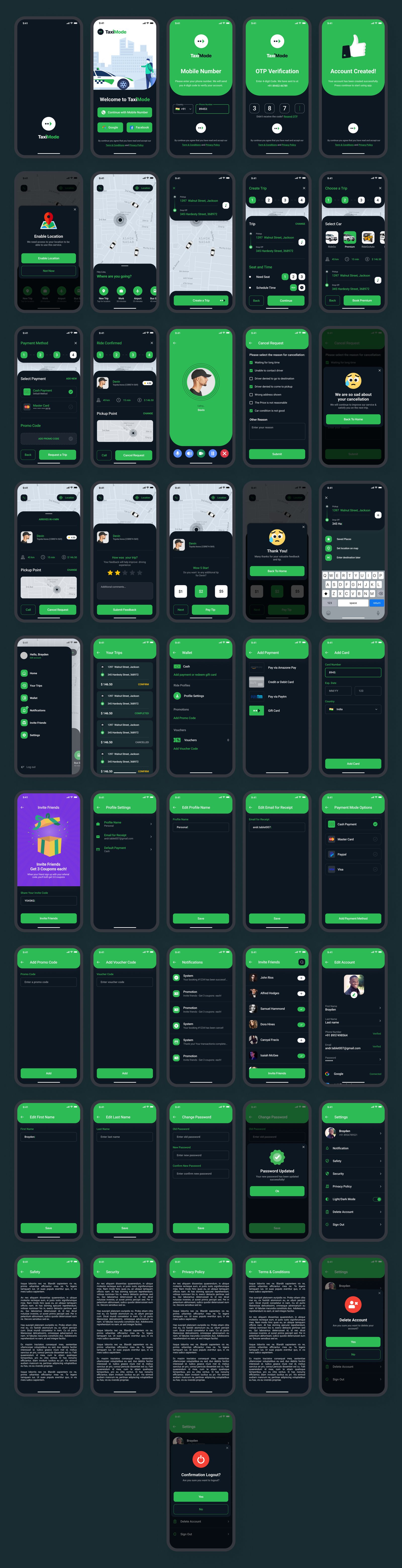 TaxiMode | Adobe XD - Taxi Booking UI Kit for App + Light & Dark Mode